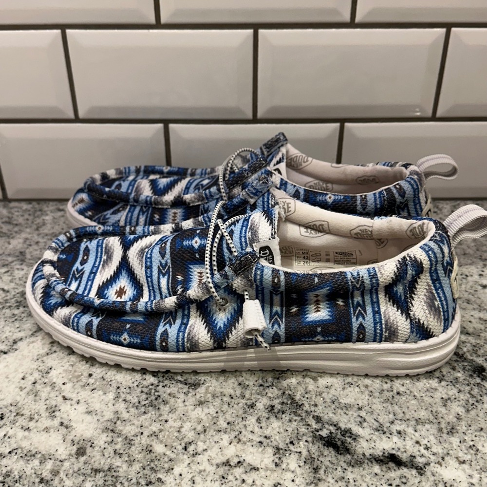 Hey Dude Mens 10 Wally Loafers Blue Multi Geometric Southwestern Casual Aztec - Picture 3 of 8